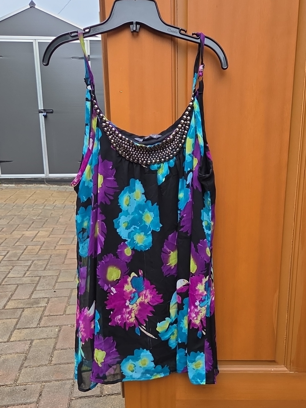 Addition Elle Black Floral Beaded Camisole with Blue & Purple Flowers